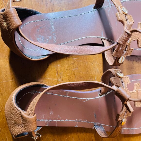 Tory Burch Phoebe Womens Brown Leather Ankle Strap Flat Thong Sandals Size 8 - Picture 9 of 12